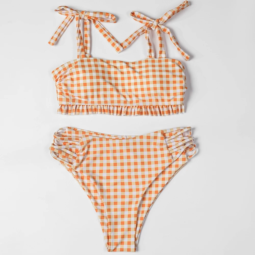 Cross Hollow Plaid Bikini Swimsuit - Image 4