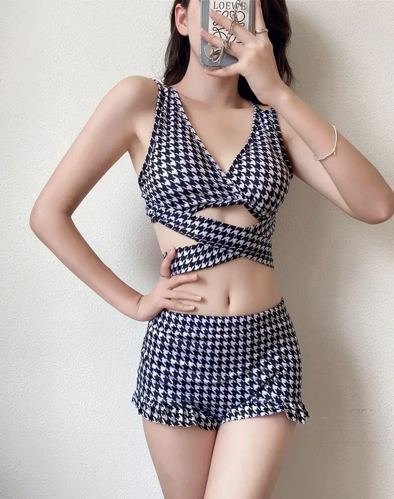 Plaid Cross Bikini Sets Ruffle Bathing Swimwear - Image 4