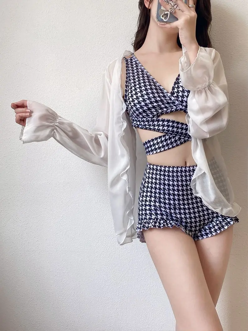 Plaid Cross Bikini Sets Ruffle Bathing Swimwear - Image 3