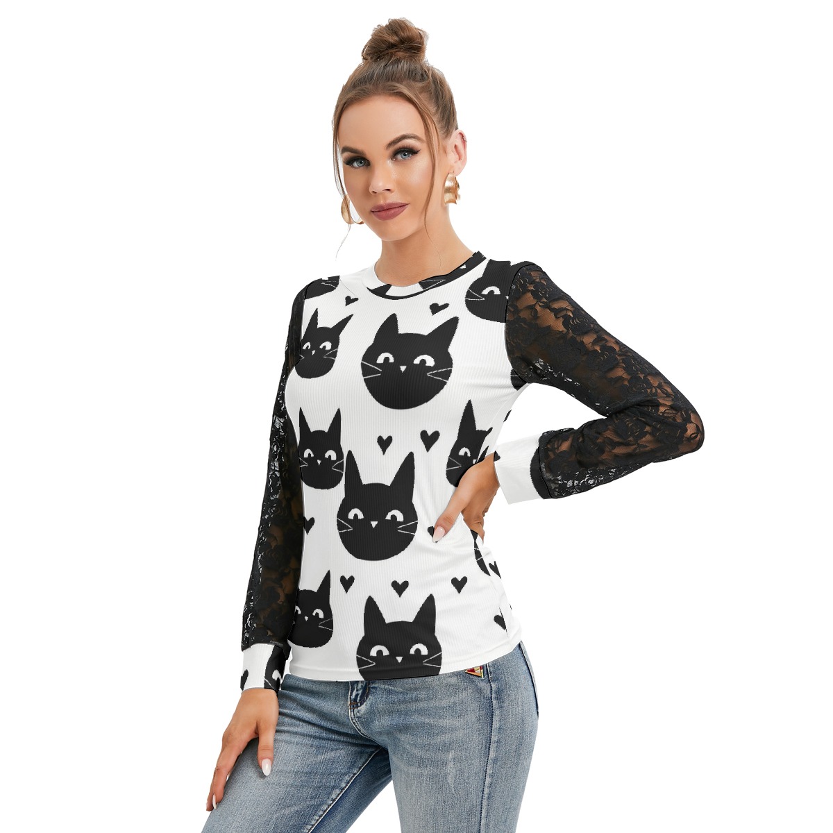 Cat Heart Long Sleeve Lace Top - Image 2