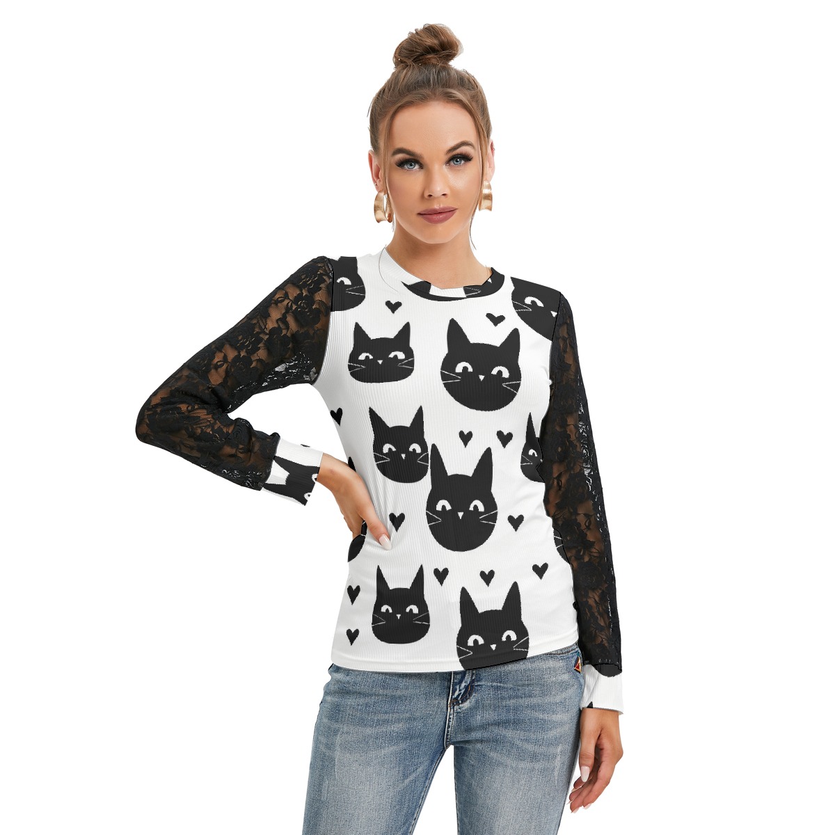 Cat Heart Long Sleeve Lace Top