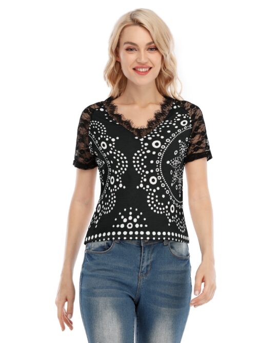 Black White Buttons V-neck Top With Lace