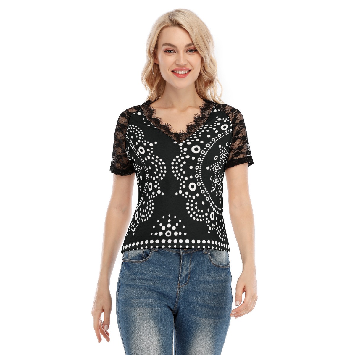 Black White Buttons V-neck Top With Lace