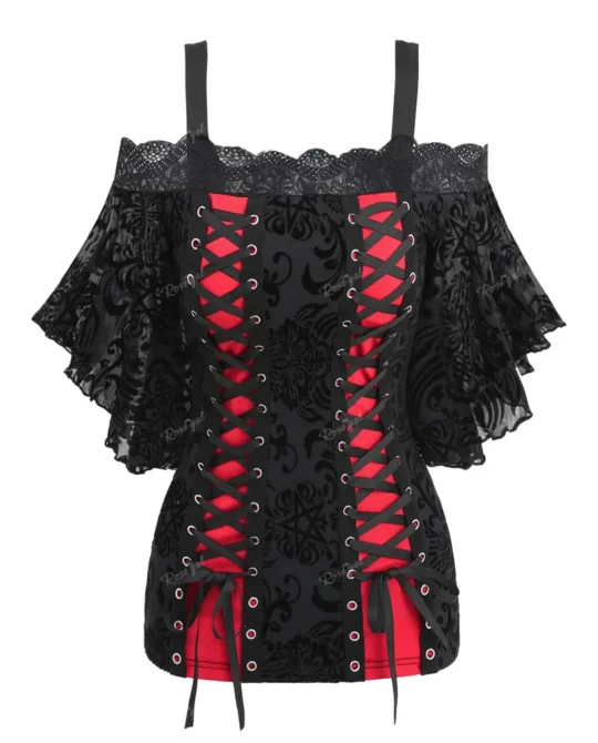 Gothic Floral Pentagram Mesh Flocking Lace Up Top