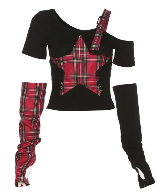 Classic Asymmetrical Grunge Punk Arm Gloves Crop Top