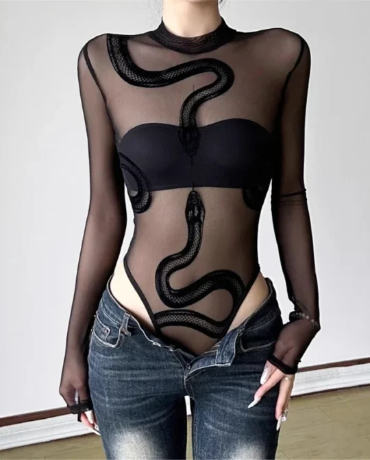 Snake Mesh Long Sleeve Bodysuit