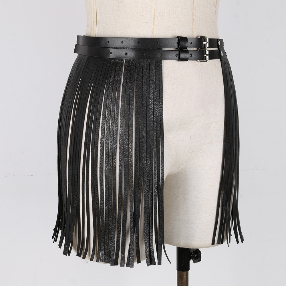 Adjustable Faux Leather Waistband Fringe Tassel Skirt – Gothic Honey