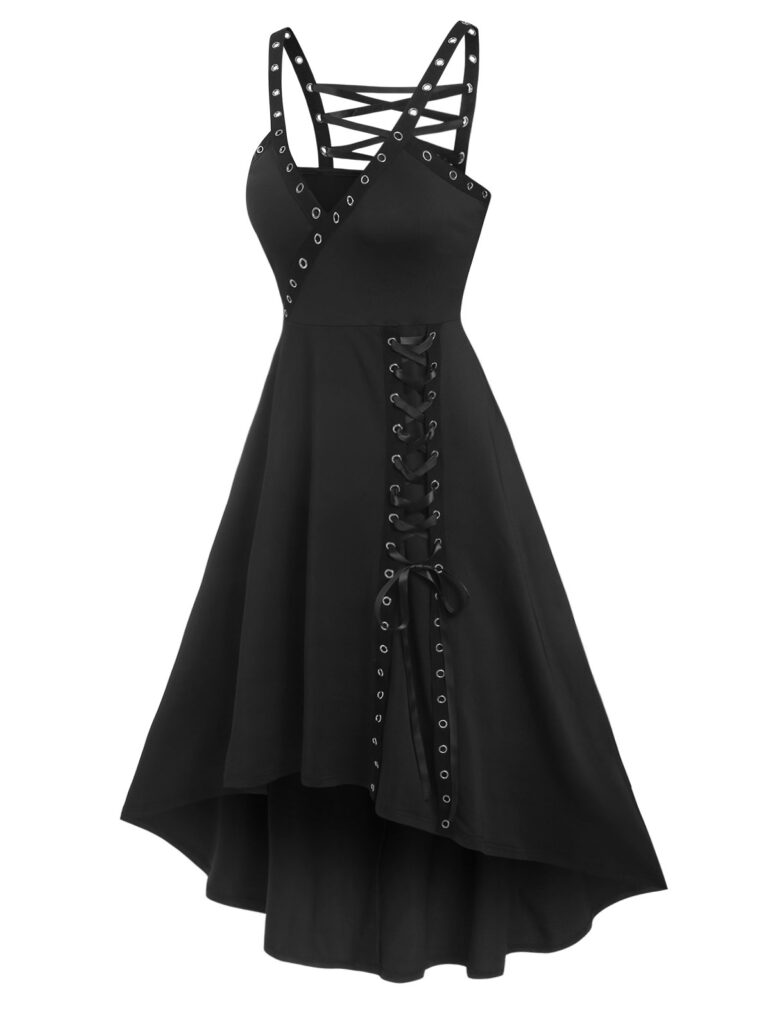 Gothic Neckline Eyelet Lace Up Dress – Gothic Honey