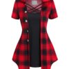 Gothic Crisscross Plaid Button Casual 2 in 1 Top