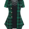 Gothic Crisscross Plaid Button Casual 2 in 1 Top - Image 6