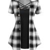 Gothic Crisscross Plaid Button Casual 2 in 1 Top - Image 4