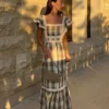 High Waist Vestidos Spring Plaid Flying Sleeve Midi Dress - Image 5