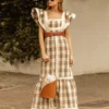 High Waist Vestidos Spring Plaid Flying Sleeve Midi Dress - Image 4