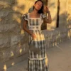High Waist Vestidos Spring Plaid Flying Sleeve Midi Dress - Image 6