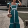 High Waist Vestidos Spring Plaid Flying Sleeve Midi Dress