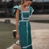 High Waist Vestidos Spring Plaid Flying Sleeve Midi Dress - Image 3