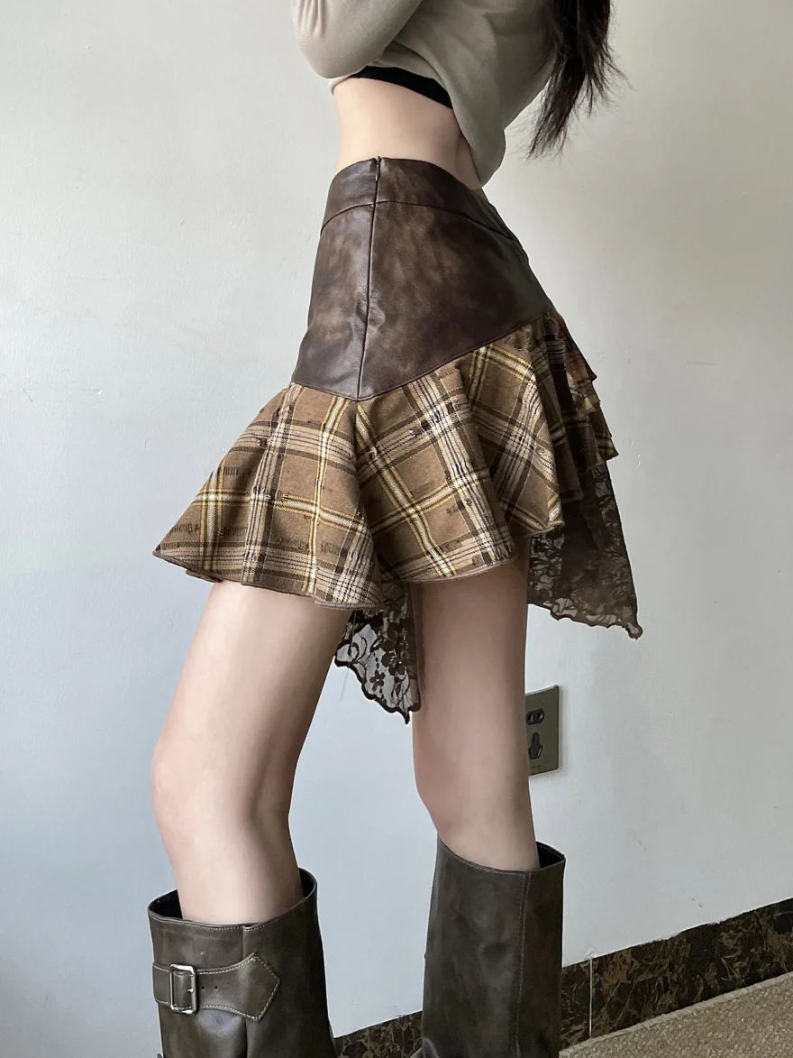 American Retro Asymmetrical Plaid Short Skirt - Image 4