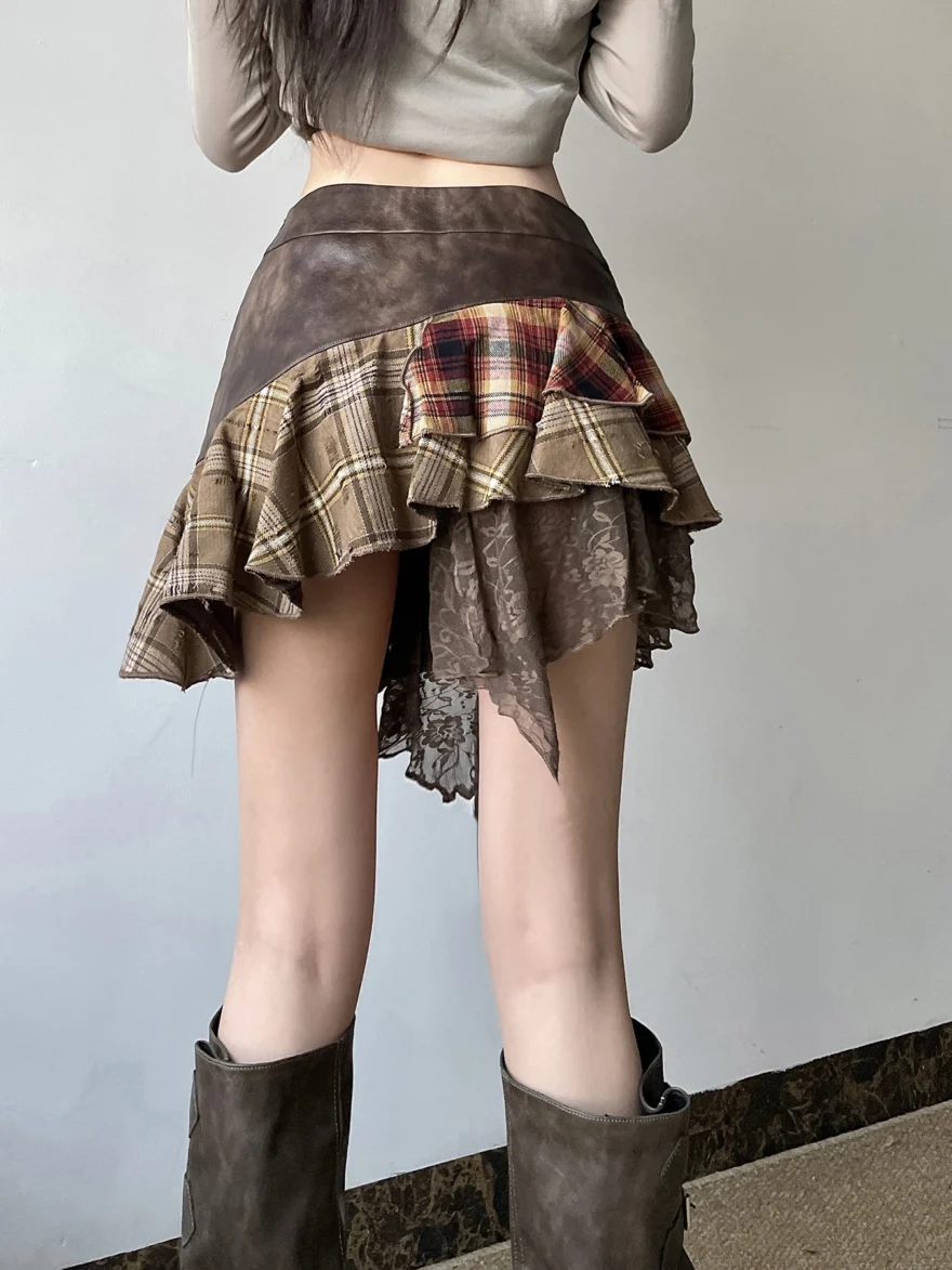 American Retro Asymmetrical Plaid Short Skirt - Image 2