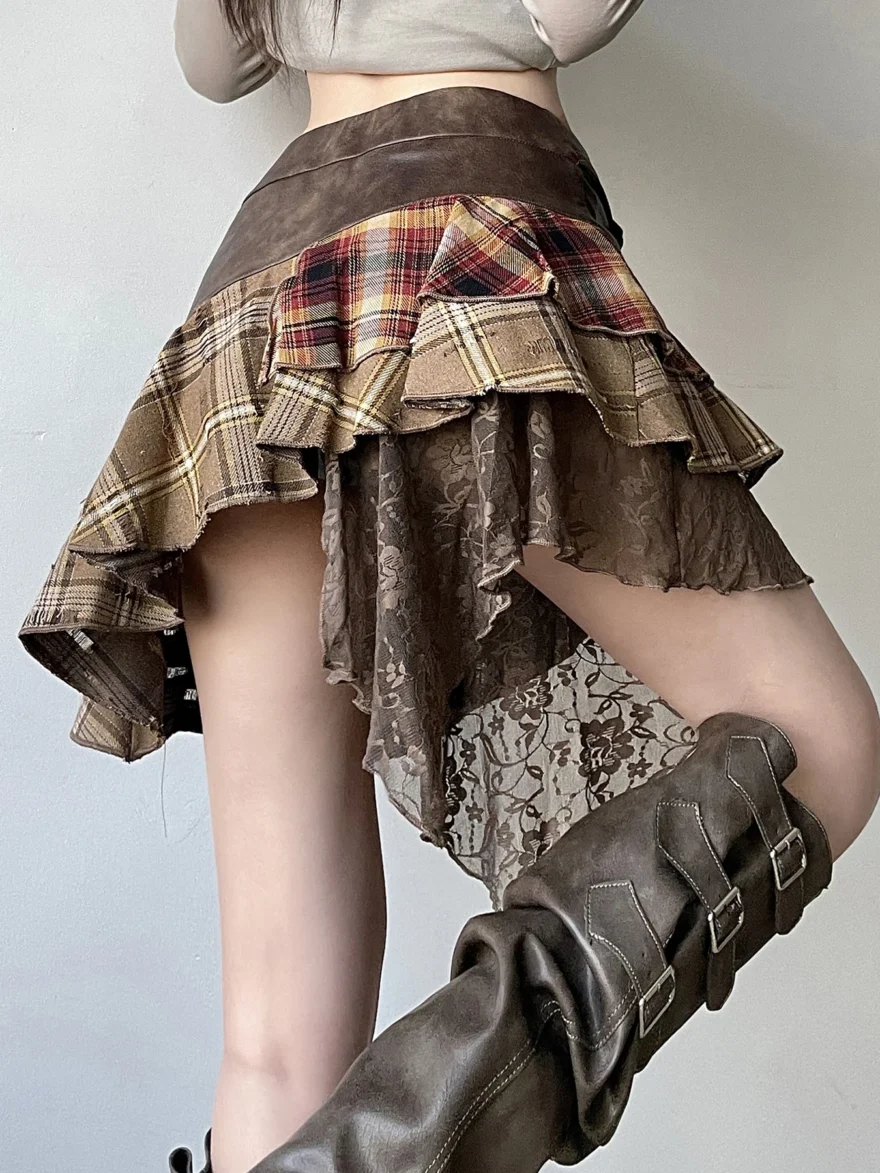 American Retro Asymmetrical Plaid Short Skirt - Image 3