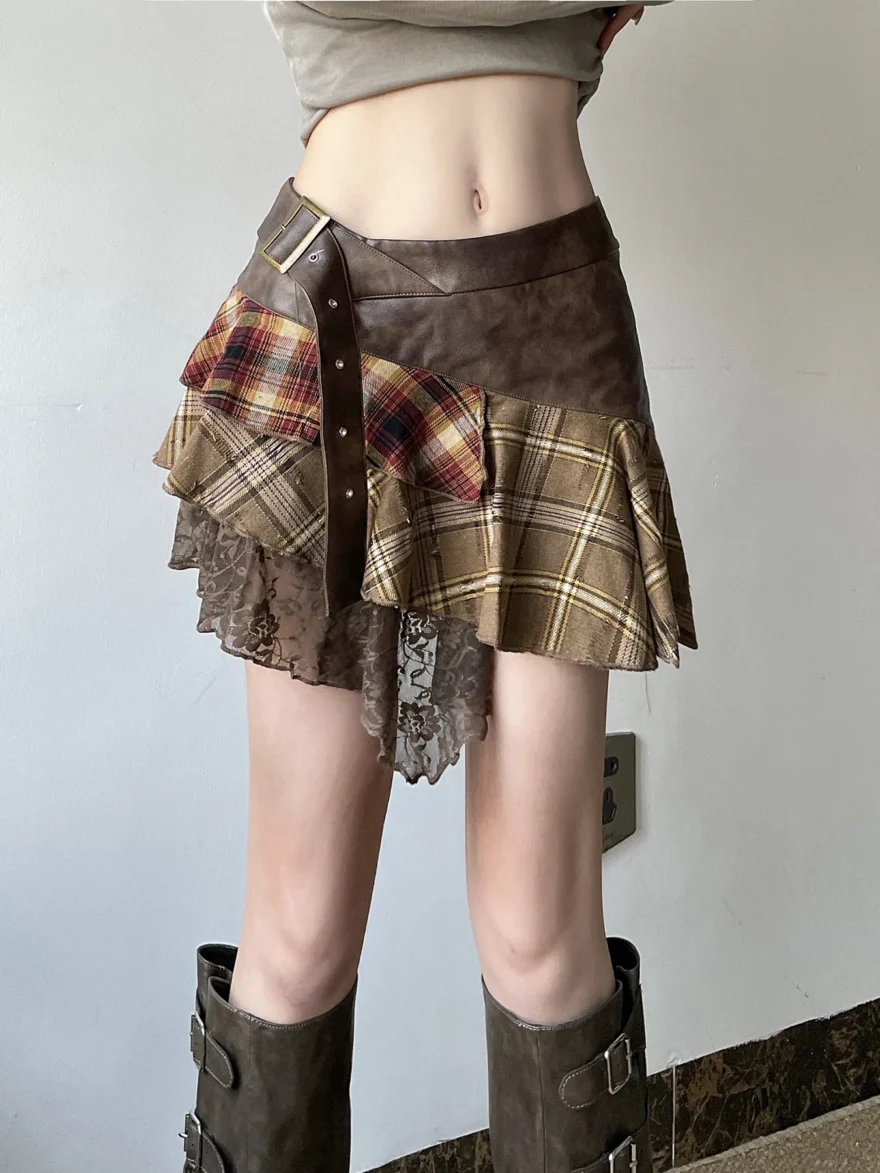 American Retro Asymmetrical Plaid Short Skirt