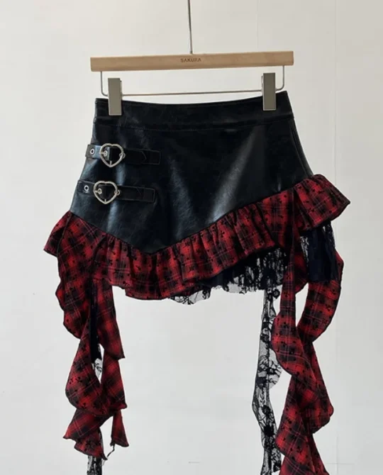 Gothic Heart-Shape Buckle Faux Leather Mini Skirt