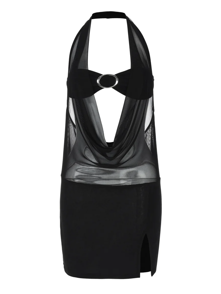 Sexy Solid Midnight Hollow Club Halter Dress - Image 5
